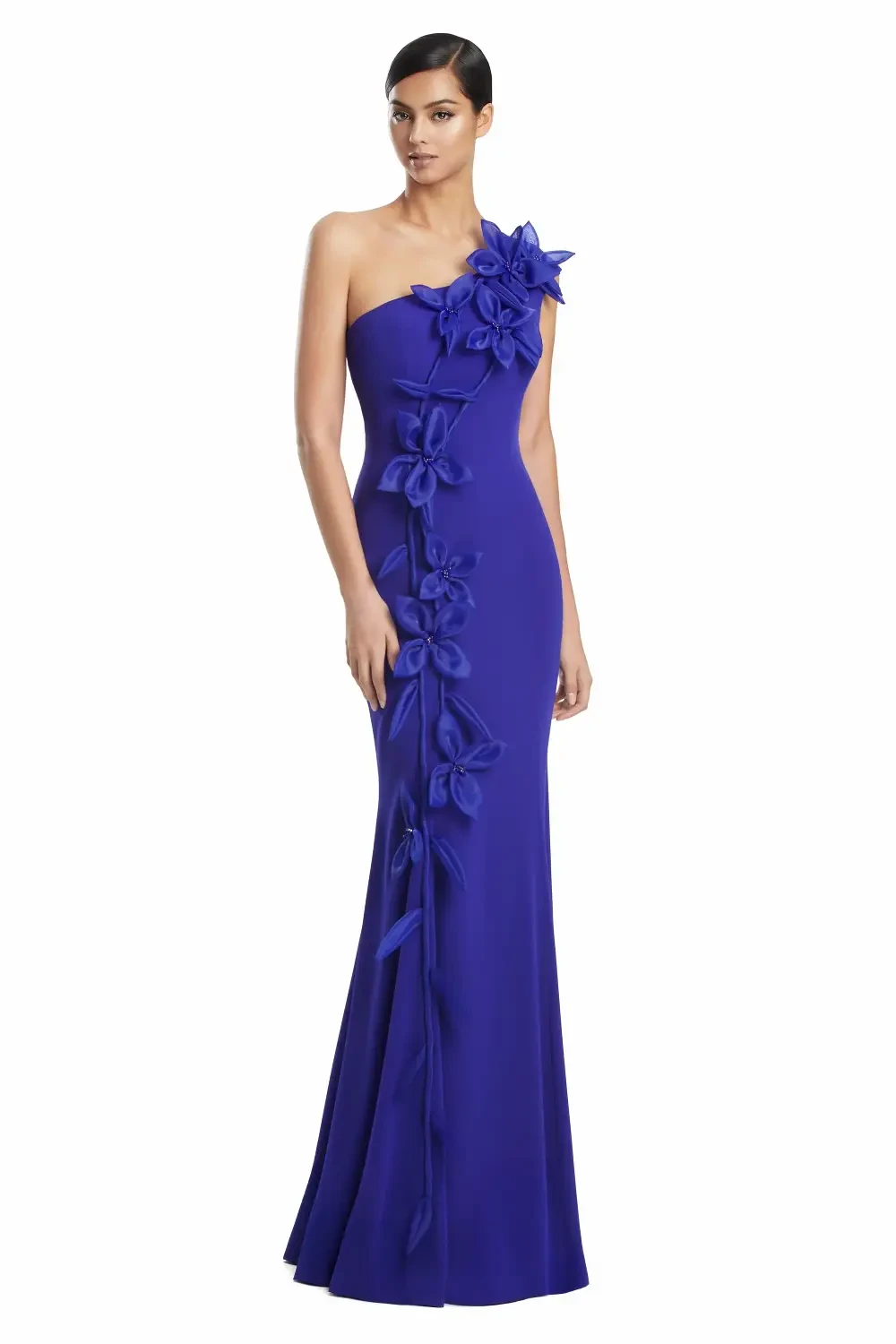 model is wearing a one shoulder blue evening gown